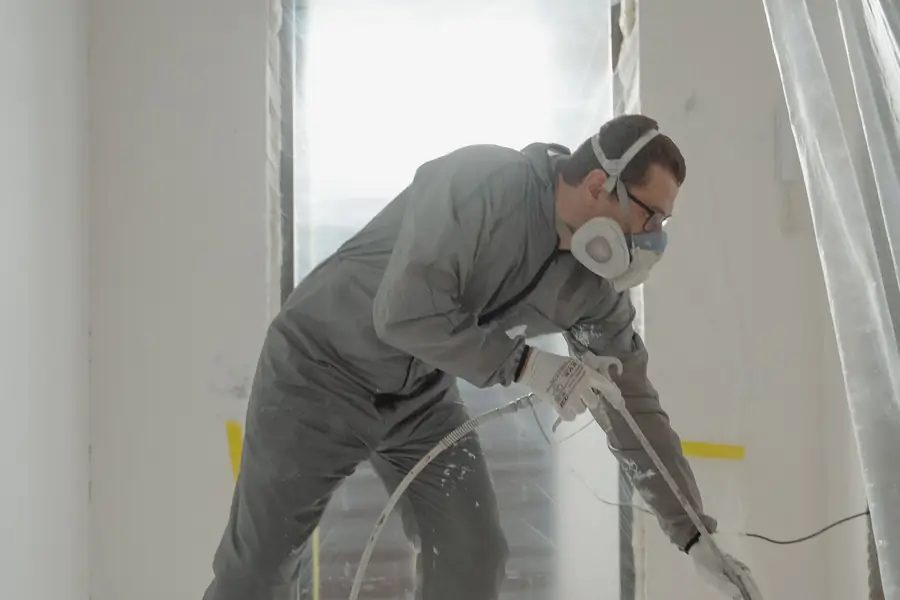 Painter in protective gear spraying a wall in a room masked with plastic sheeting