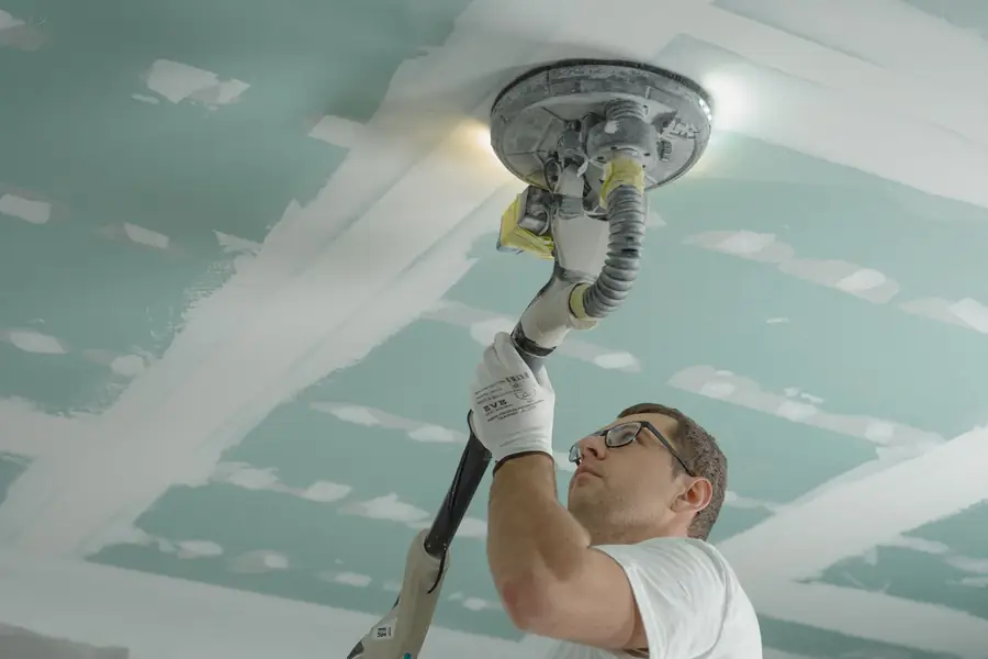 Worker sanding a drywall ceiling with a pole sander to prep it for paint