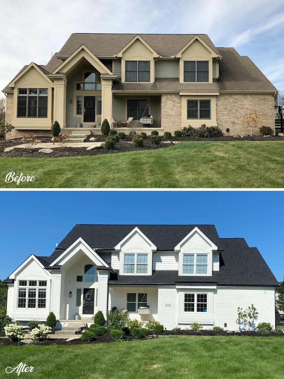 Before and after: a tan two-story home repainted white with a dark roofline accent